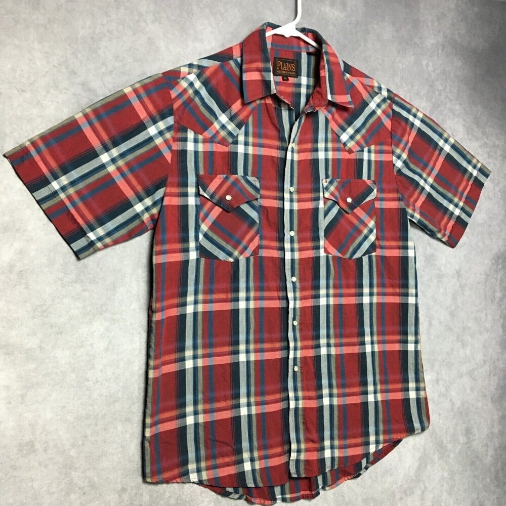 Plains Western‎ Wear Mens Pearl Snap Shirt size Medium Short Sleeve Red Blue - Picture 3 of 13